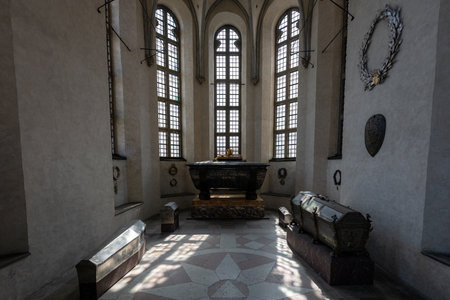 Stockholm, Sweden - Aug 2, 2024: Riddarholmen Church, view of the Riddarholmskyrkan (13th century) church in Birger Jarls Square on Riddarholmen island in central Stockholm, Sweden.の写真素材