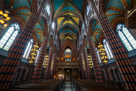 Stockholm, Sweden - Aug 6, 2024: Interior of St. John's Church. The brick church in the Neo-Gothic style was built in 1884-1890 by design of architect Carl Moller, and inaugurated on May 25, 1890.の写真素材