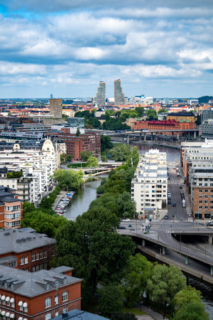 The Norra Tornen twin towers. Modern architecture sky scrapers in Stockholm, Sweden.の写真素材