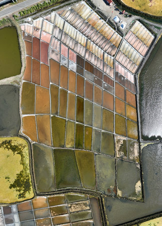 Traditional salt extraction camp (Salinas) with piles of extracted salt in Aveiro,  Portugal.の写真素材