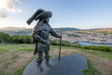 Statue of D. Afonso VI on Monte Brasil viewpoint over Angra do Heroismo, Portugal.の写真素材