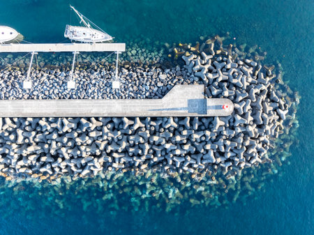 Aerial view of a pier along city, located on Azorean island of Terceira, Portugal.の写真素材
