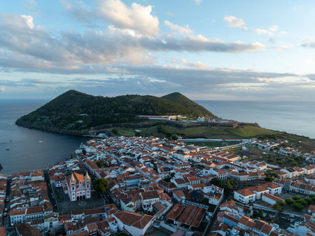 Aerial view of the Prainha bathing area, marina and architecture of downtown of Angra do HeroÃ­smo, Terceira, Azores, Portugal.の写真素材