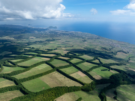 Aerial view from the summit of Serra de Santa Barbara, the tallest point of the island of Terceira,...
