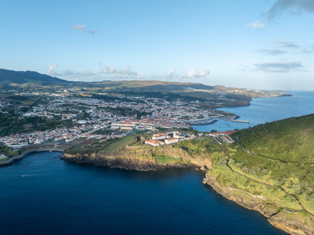 Aerial view of Fortress of Saint John the Baptist, Terceira, Azores, Portugalの写真素材