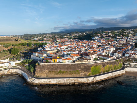 Panoramic Aerial View of the old Town of Angra do Heroismo, Terceira Island, Portugalの写真素材