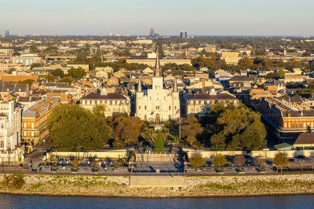 Aerial view of Jackson Square with Saint Louis Cathedral church and surrounding extant historical buildings from French Quarter in morning. The historic district section of the city of New Orleans.の写真素材