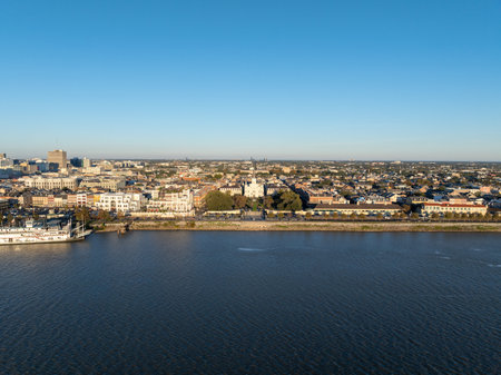 Aerial view of Jackson Square with Saint Louis Cathedral church and surrounding extant historical buildings from French Quarter in morning. The historic district section of the city of New Orleans.の写真素材