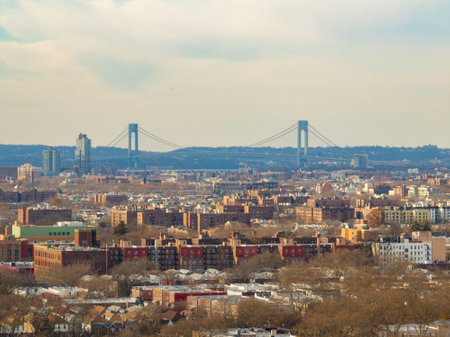 Aerial panoramic skyline view of Southern Brooklyn and the Verrazzano-Narrows Bridge in New York...
