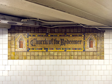 Brooklyn, New York - June 17, 2025: Church of the Redeemer subway tile mosaic, Atlantic Avenue-Barklays Center station, Brooklynの写真素材