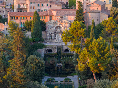 Villa d'Este, near Rome. It is an Italian Renaissance villa with large gardens famous for its fountains and waterfall. It is listed as a World Heritage Site.の写真素材
