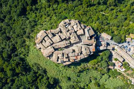 Aerial view of the medieval village of Calcata, Italy, perched on a cliff surrounded by dense forest under clear skies.の写真素材