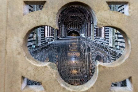 Siena Cathedral's Gothic interior features black and white striped marble, reminiscent of medieval Tuscan design. Captured through a decorative stone openingの写真素材