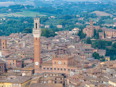 The Palazzo Pubblico, built in the Gothic style in the 13th century, features a striking red brick facade and the Torre del Mangia. Located in Siena's Piazza del Campo.の写真素材