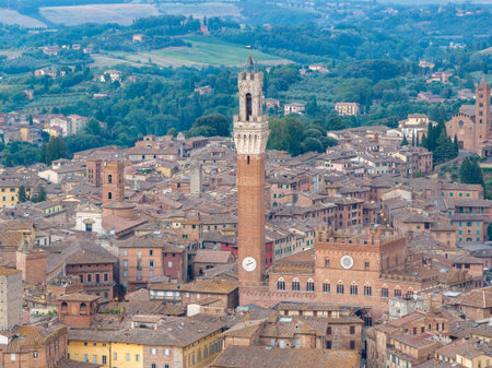 The 14th-century Palazzo Pubblico with its iconic Torre del Mangia dominates Siena's medieval skyline. Built of brick, it showcases Gothic architecture.の写真素材