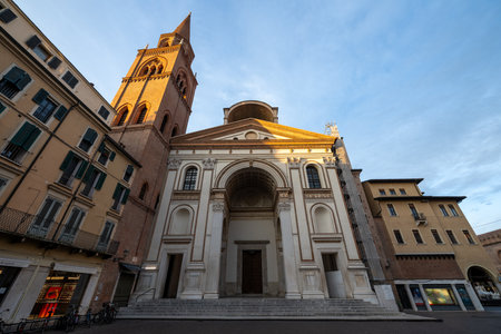 Renaissance facade and brick bell tower of Basilica di Santâ€™Andrea in Mantua, designed by...