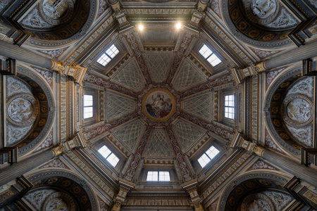 Mantua, Italy - Jul 25, 2025: Upward view of the octagonal dome of Cattedrale di San Pietro in...