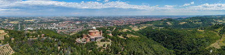 Panoramic view of the Baroque Sanctuary of Our Lady of San Luca on Colle della Guardia hill...