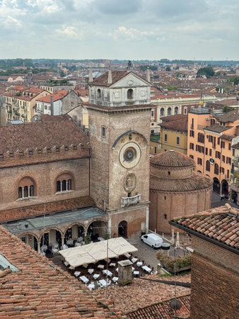 Mantua, Italy - Jul 26, 2025: Aerial view of Mantuaâ€™s Piazza Mantegna showing the Renaissance...