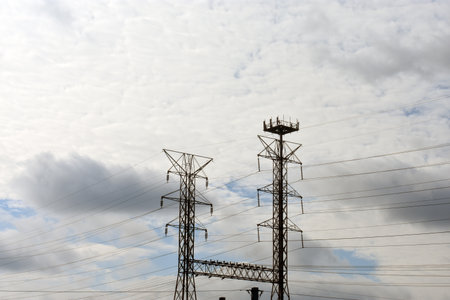 High voltage electrical power tower and cablesの写真素材