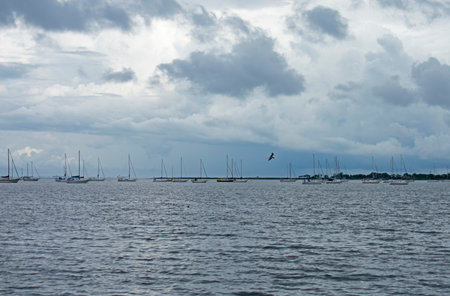 Sailboats are moored at Cliffwood Beach Waterfront due to dramatic skies and a pending early summer storm -04の写真素材