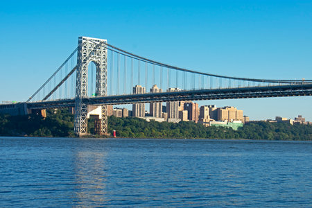 George Washington Bridge with reflection in the Hudson River viewed from Ross Dock picnic area, Fort Lee, NJ -27の写真素材