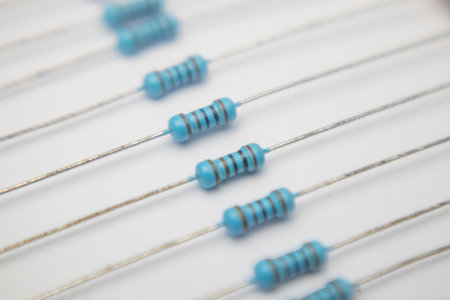 Close-up view of several blue resistors with the same color code.の写真素材