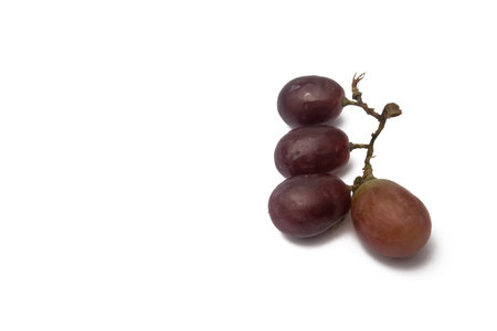 Close-up of four fresh grapes on white background from 45 degreesの写真素材