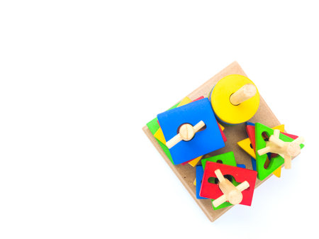 wooden toys for kid games using the Montenssori method for fun play. Stacking colorful toys.の写真素材