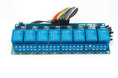 Malang, Indonesia - November 12, 2022: An electronic component of 8 relay modules used for DIY...