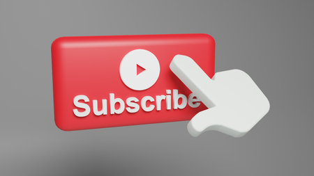 3d render of red subscribe button and finger touchの写真素材