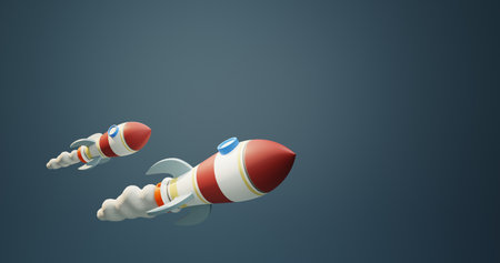 3d rendering of two rockets flying up into the sky