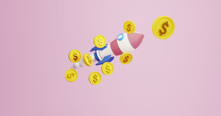 3d render of a rocket and lots of gold coins
