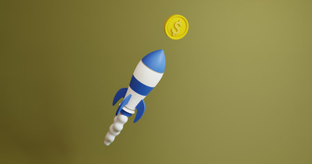 3d rendering of a rocket and a gold coin