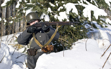 Soviet-Finnish war 1939-1940: Finnish soldier aims from a rifle