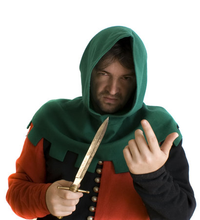 Robber in an ancient suit threatens with a knife 
の写真素材