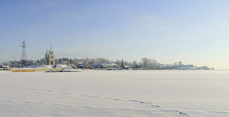 Panorama of coast of Onega with a kind on orthodox church の写真素材