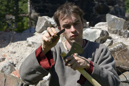  Young northern viking on a haltSuit of northern viking, reconstructionの写真素材