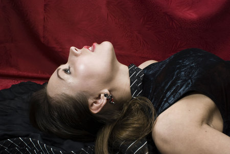 Crime scene: young strangled woman. Studio shot.の写真素材