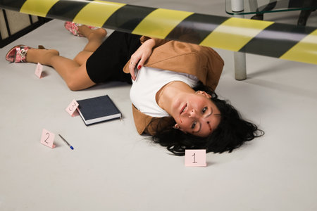 Crime scene in a office with dead secretaryの写真素材