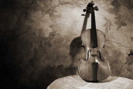 Picture of the old italian violin on a wall backgroundの写真素材