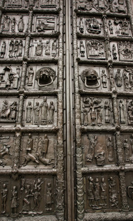 Reliefs on the gate of St. Sophia Cathedral (Novgorod, Kremlin). 11th centuryの写真素材