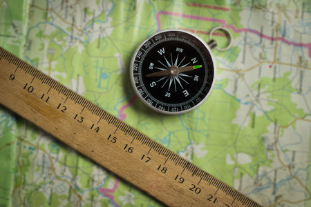 Compass and ruler on a map