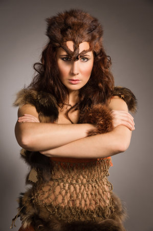 Young woman in a fur suit of the amazonの写真素材