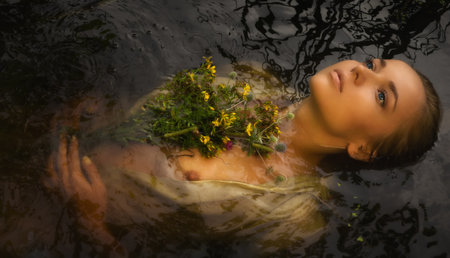Young drown woman in a poetic representation.の写真素材