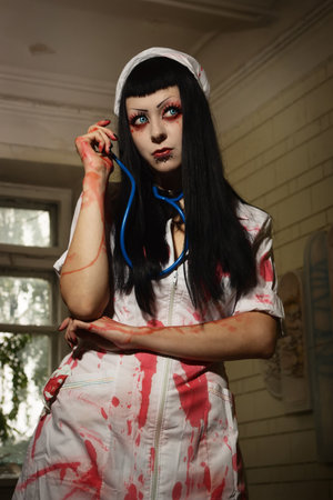 Crazy dead nurse in an abandoned hospitalの写真素材