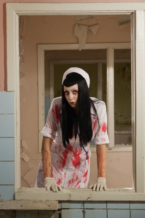 Crazy dead nurse in an abandoned hospitalの写真素材