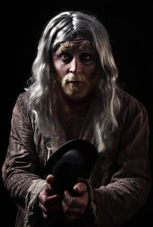Hobo. Emotional portrait of the gray-haired tramp