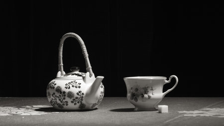 Tea-pot and teacup on the table over blackの写真素材
