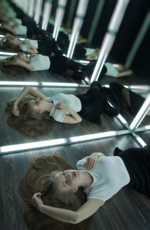 beautiful sexy girl and her reflection in mirrorの写真素材